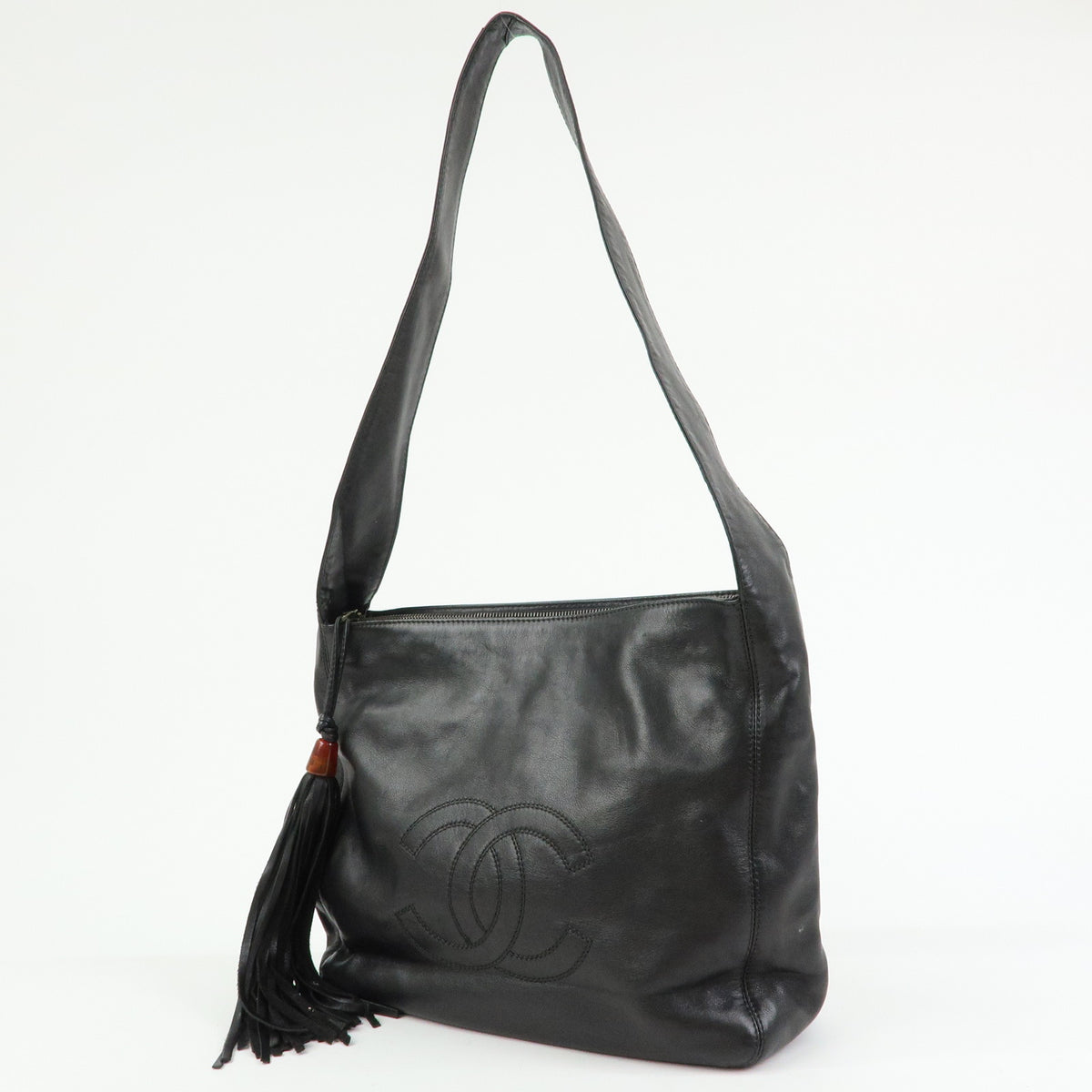 CHANEL COCO Mark Lamb Skin Leather Shoulder Bag Tassel Black Brown
