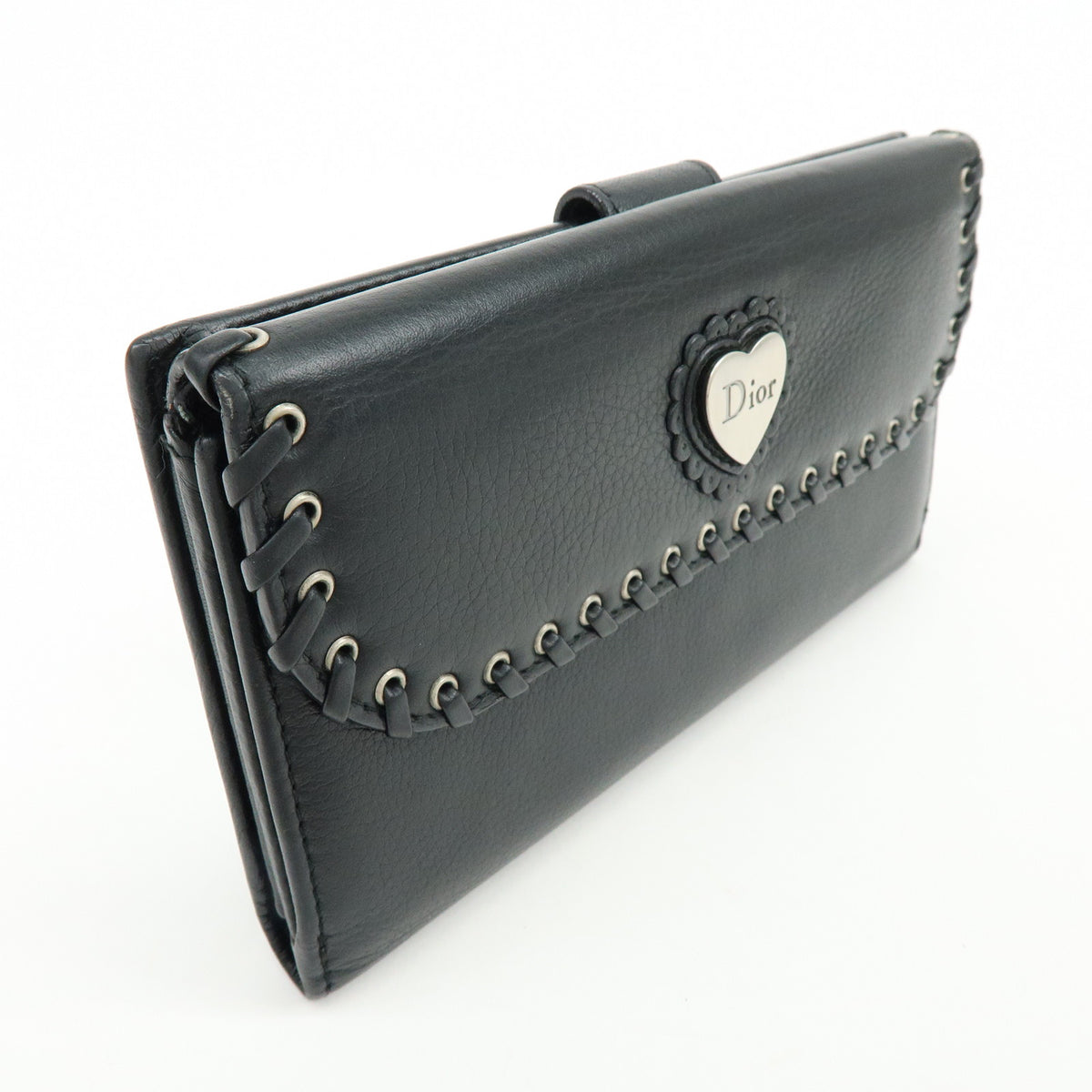 Christian Dior Heart Ethnic Line Leather Long Wallet Black