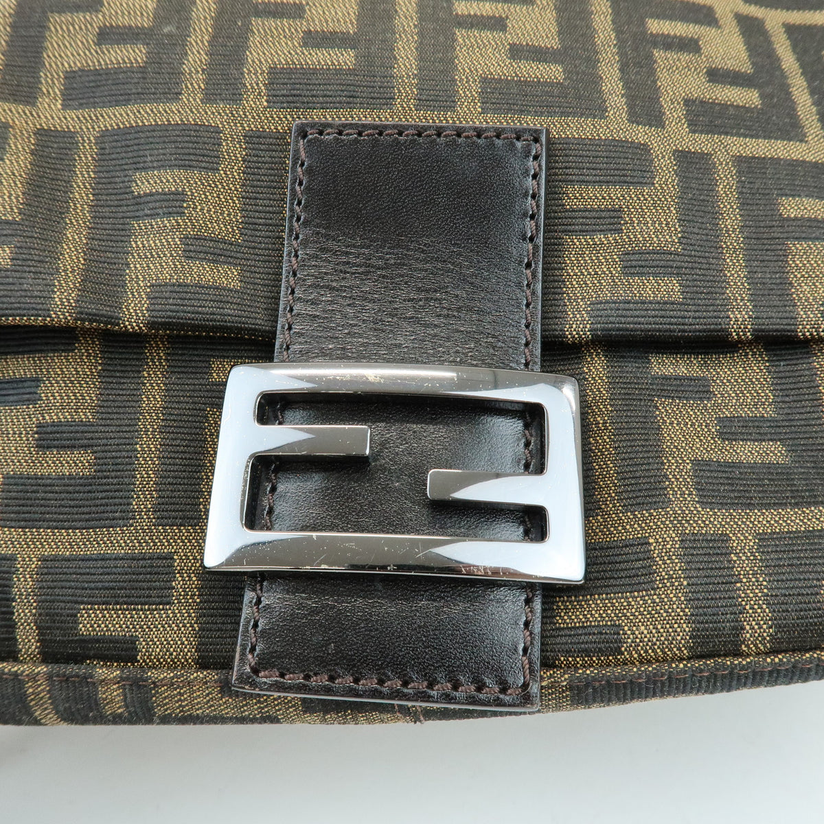 FENDI Mamma Baguette Zucca Canvas Leather Shoulder Bag Brown 8BR001