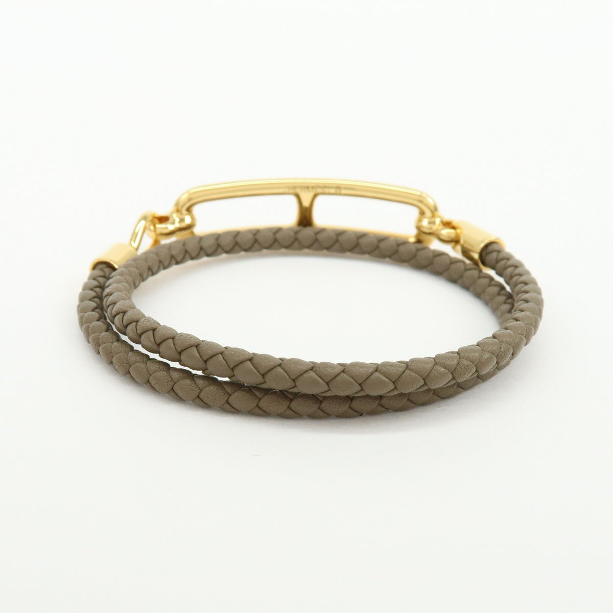 HERMES Leather Plated Roulis Double Tour Bracelet Beige Gold