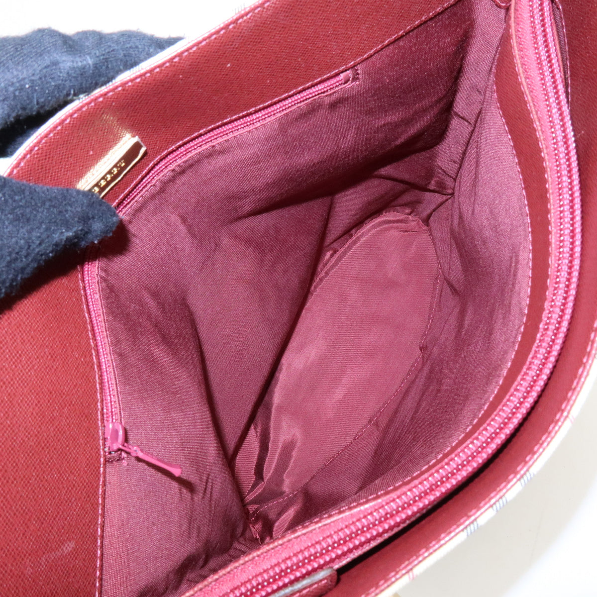 BURBERRY Nova Plaid Canvas Leather Tote Bag Shoulder Bag Beige Wine Red