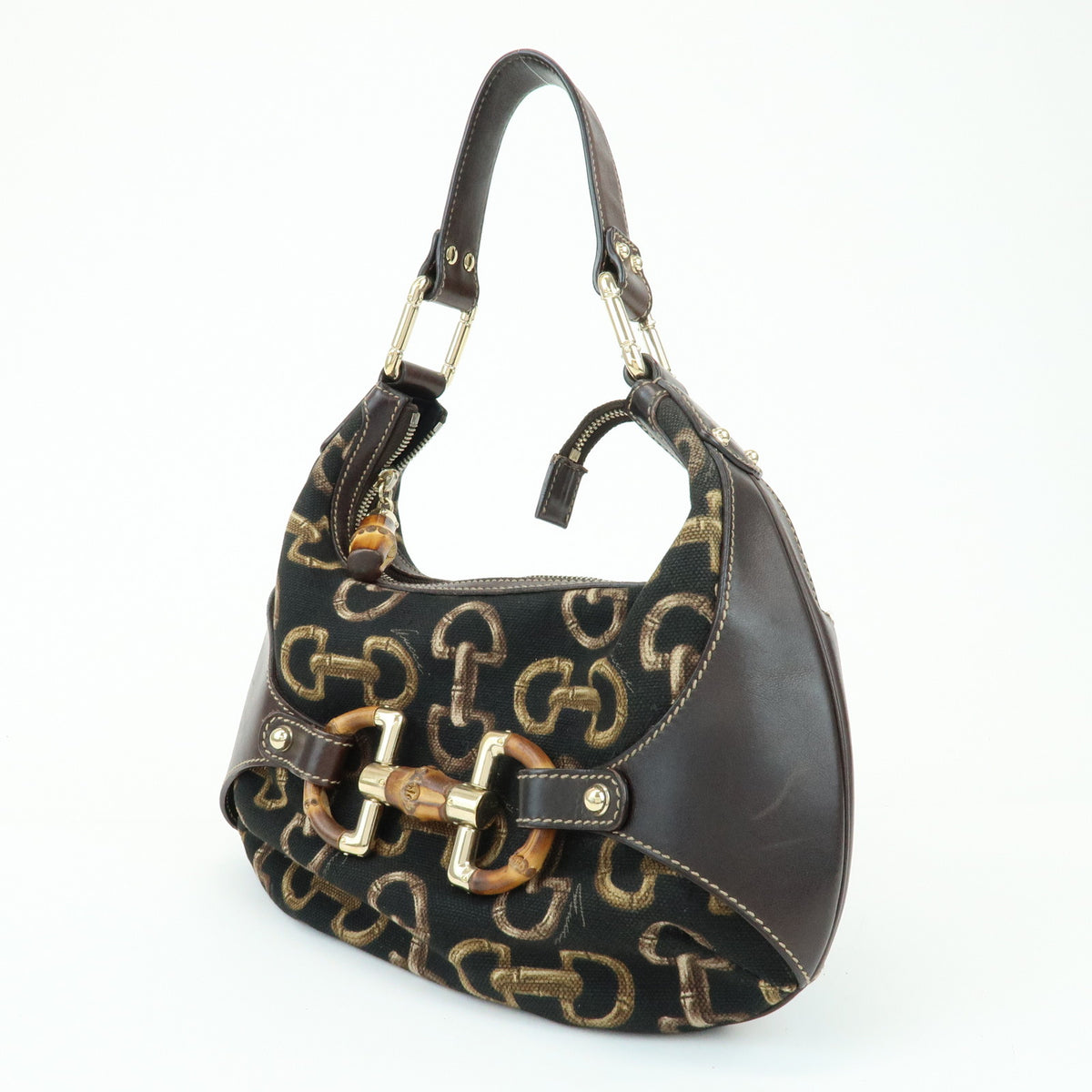 GUCCI Bamboo Horsebit Canvas Leather Shoulder Bag Dark Brown 154378