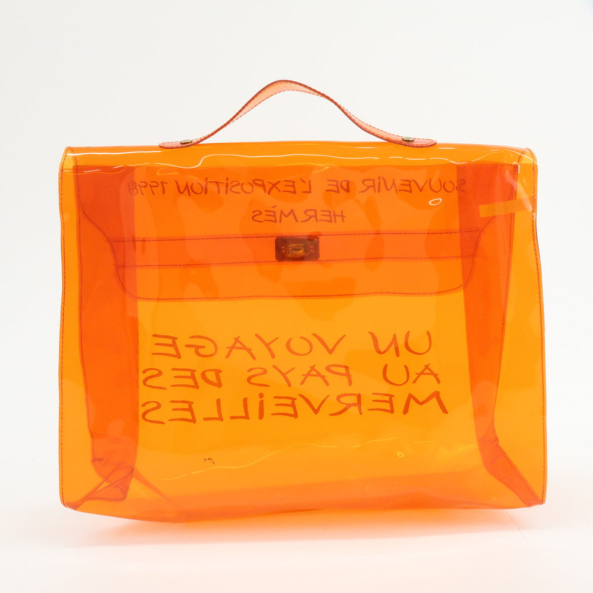 HERMES Kelly Vinyl Turn-Lock Hand Bag Clear Orange