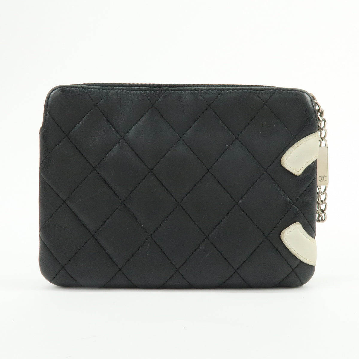 CHANEL Cambon Line COCO Mark Calf Skin Cosmetic Pouch Black White