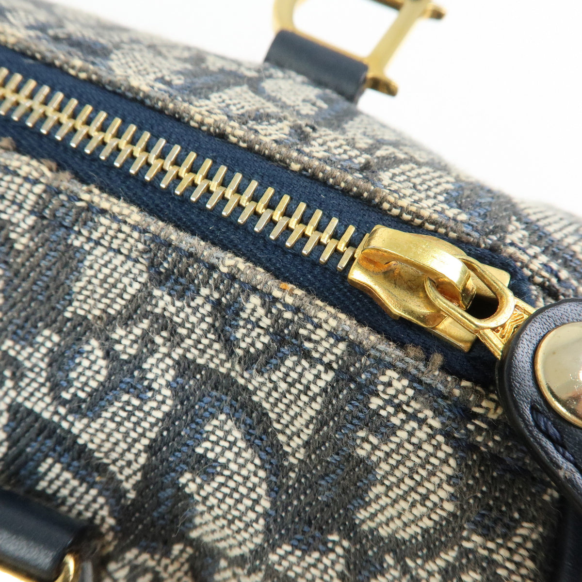 Christian Dior Trotter Jacquard Canvas Leather Boston Bag Hand Bag Navy
