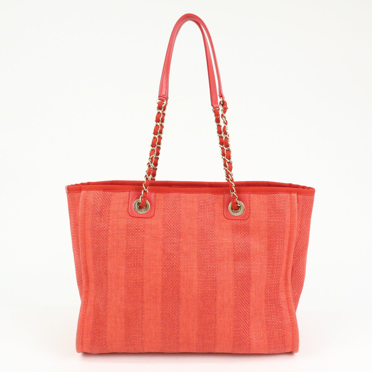 CHANEL Deauville MM Straw Canvas Leather Tote Shoulder Bag Red A67001