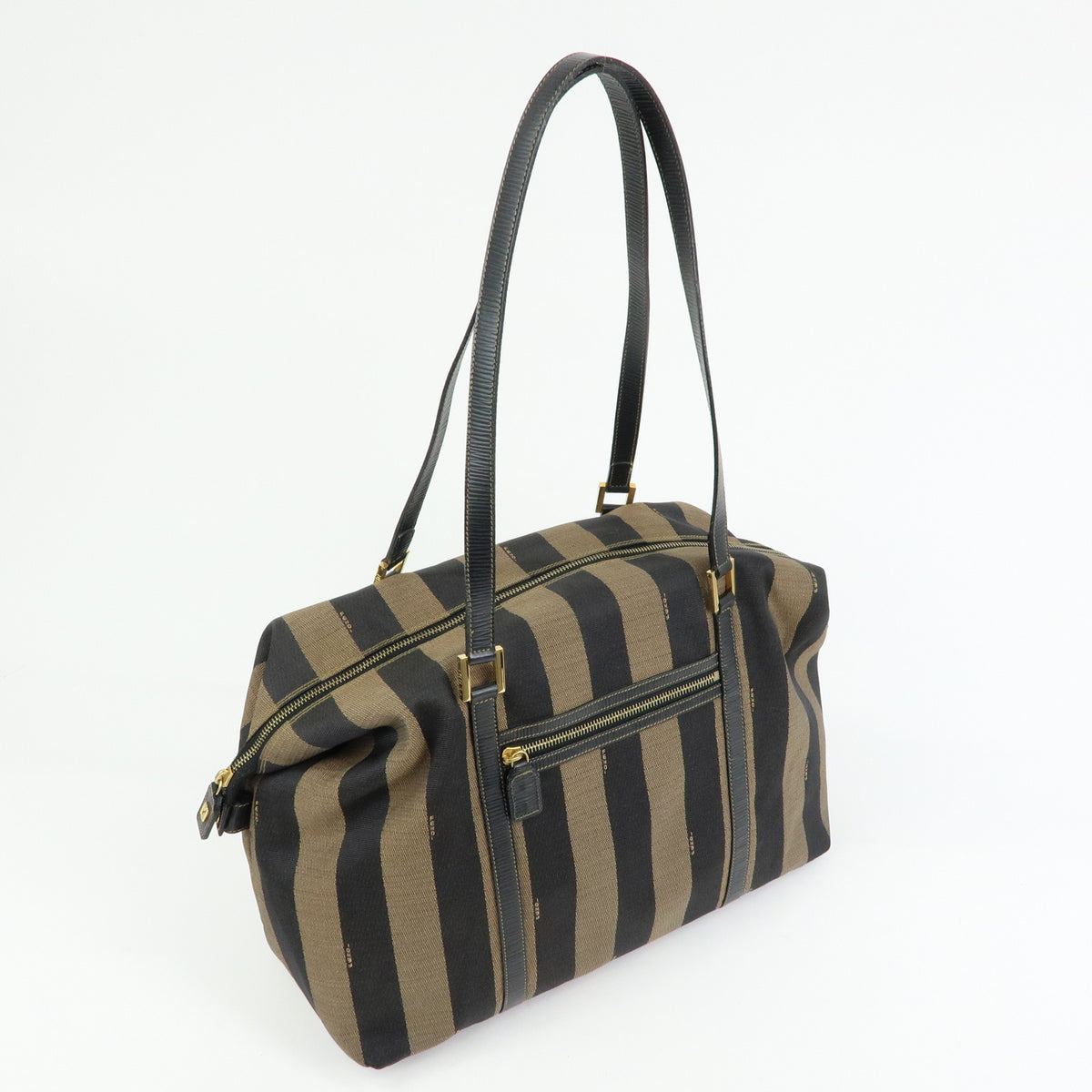 FENDI Pequin Jacquard Canvas Leather Tote Bag Brown Black 26323