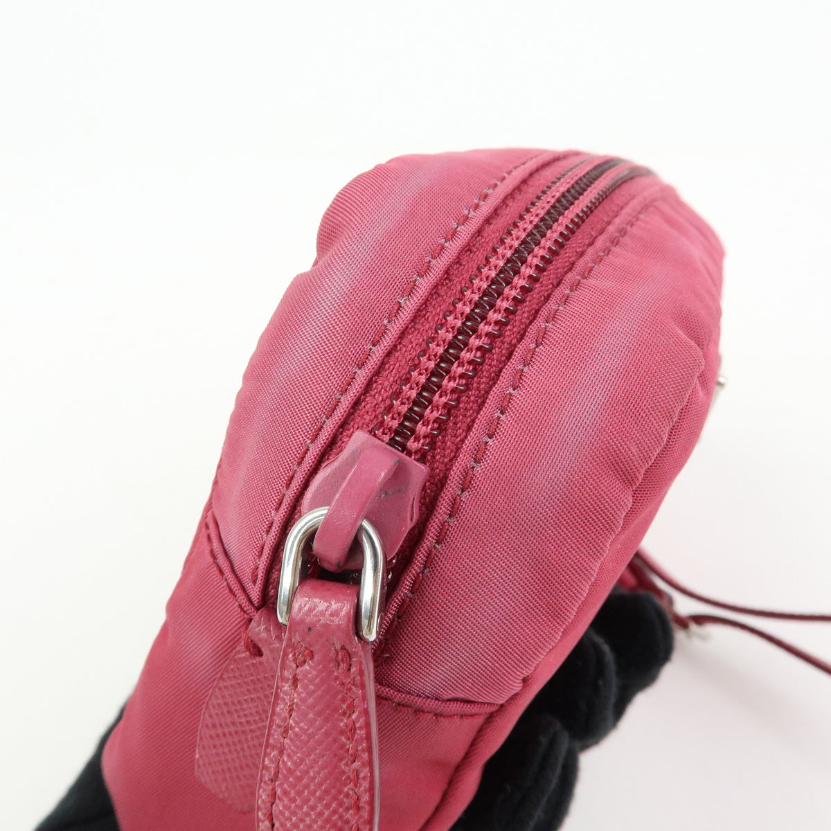 PRADA Triangle Logo Nylon Saffiano Leather Cosmetic Pouch Pink 1N0340