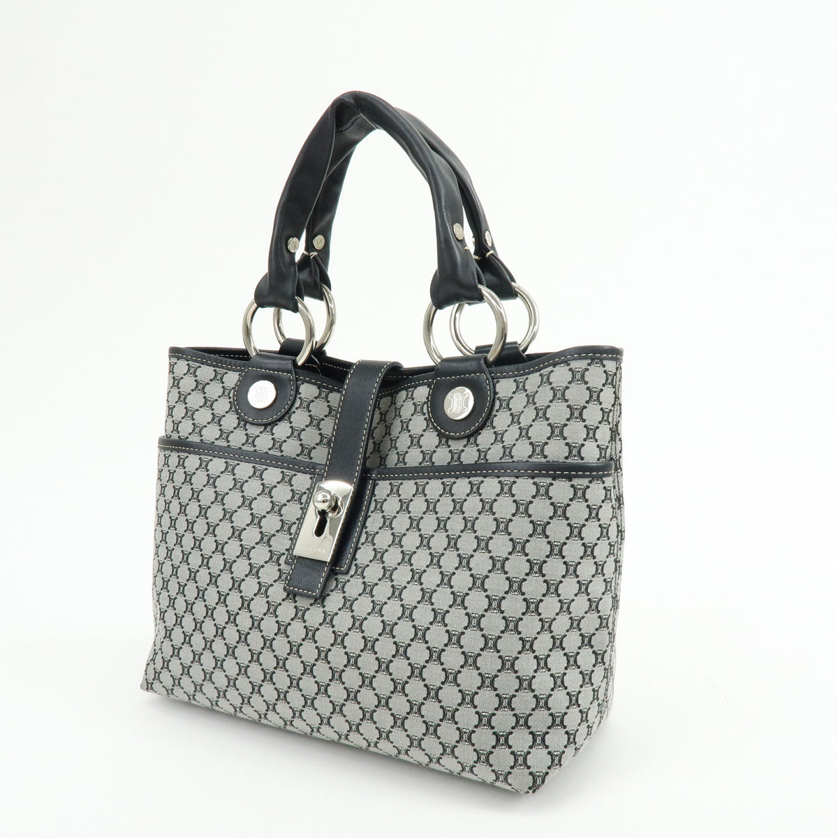 CELINE Macadam Canvas Leather Tote Bag Hand Bag Grey Black