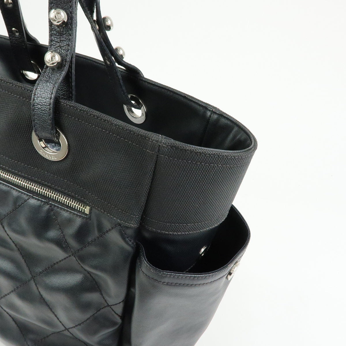 CHANEL Paris Biarritz GM PVC Canvas Leather Tote Bag Hand Bag MM A34210