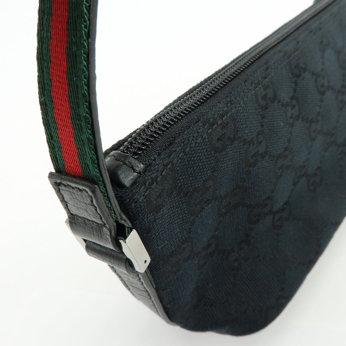 GUCCI Boat Bag Sherry GG Canvas Leather Hand Bag Pouch Black 141809