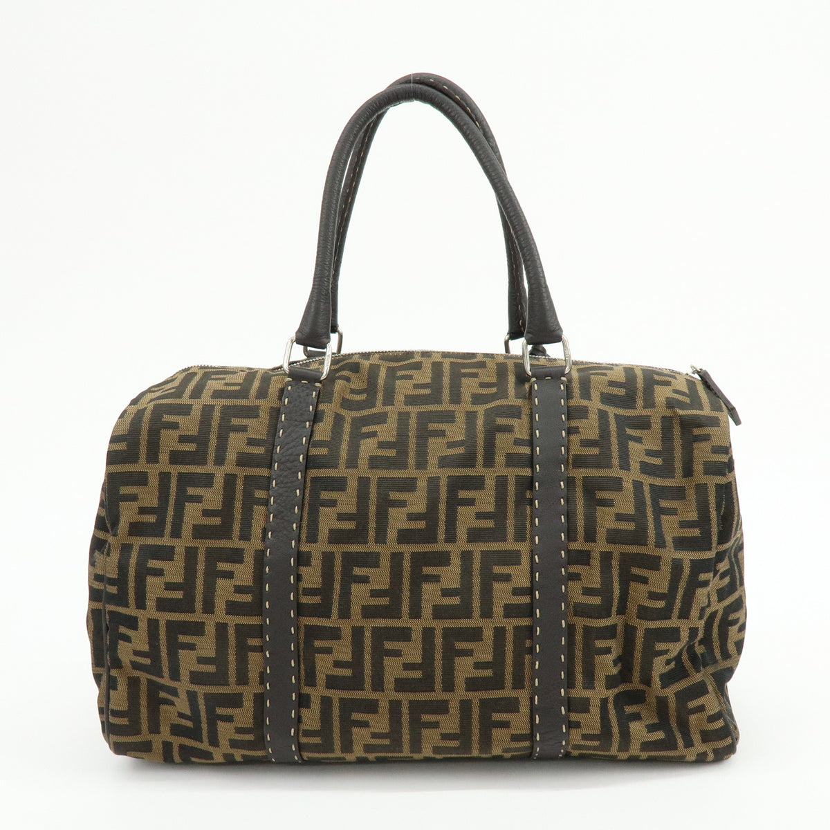 FENDI Zucca Selleria Jacquard Leather Shoulder Bag Boston Bag Brown