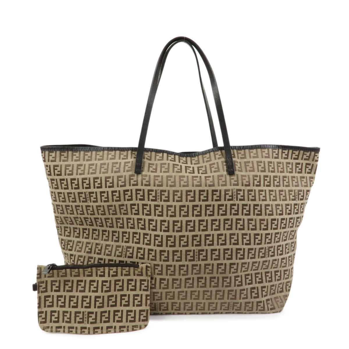 FENDI Zucchino Canvas Leather Tote Bag Hand Bag Brown 8BH005