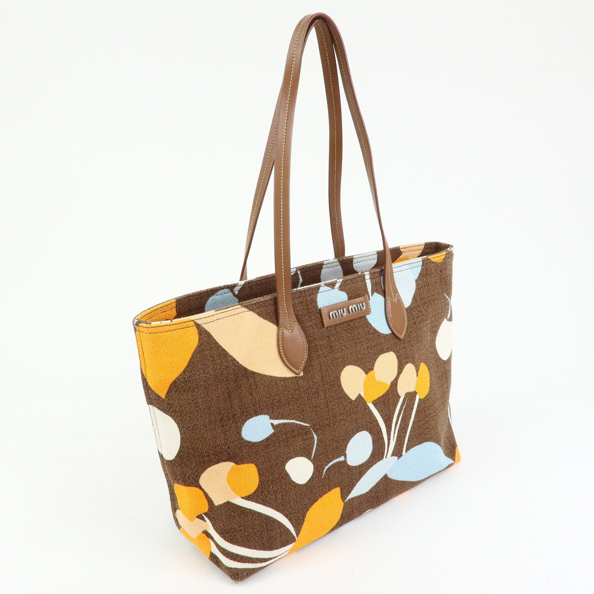 MIU MIU Logo Canvas Leather Tote Shoulder Bag Flower Brown 5BG126