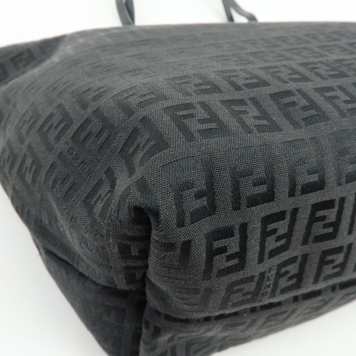 FENDI Zucchino Jacquard Canvas Leather Tote Bag Hand Bag Black 8BH025