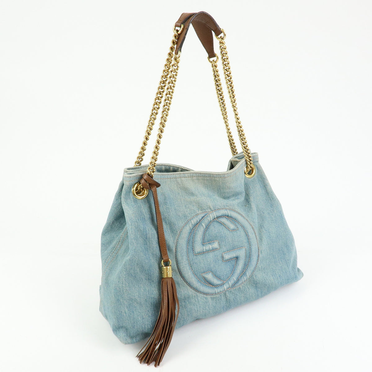 GUCCI SOHO Interlocking G Denim Leather Chain Shoulder Bag Blue 308982