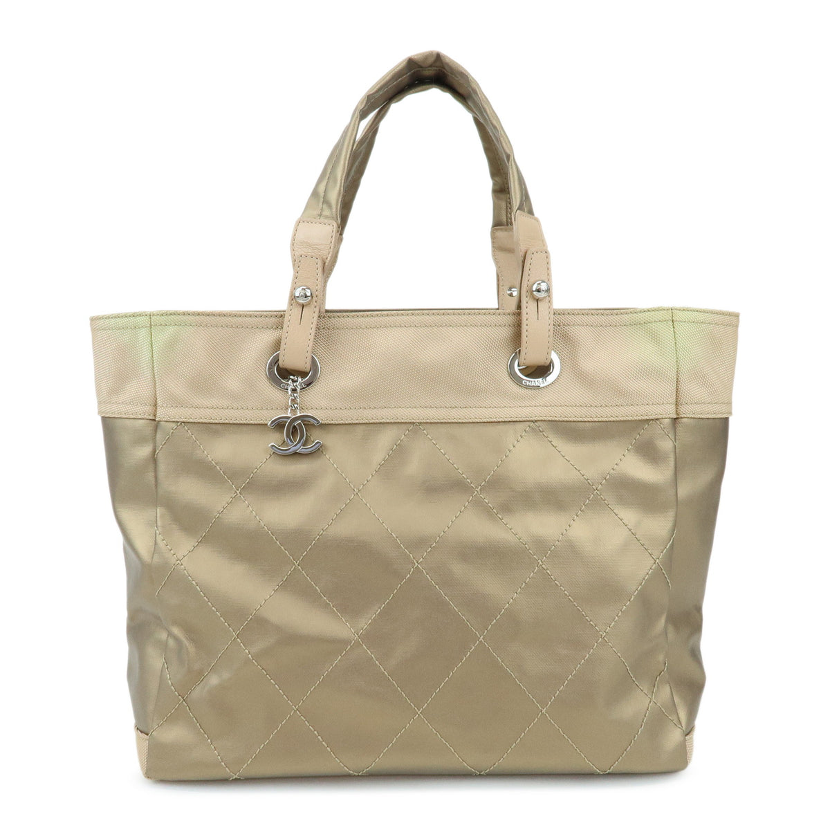 CHANEL Paris Biarritz MM PVC Leather Tote Bag Hand Bag Gold A34209