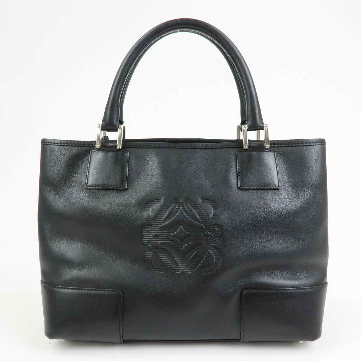 LOEWE Anagram Amazona Fusta Leather Tote Bag Hand Bag Black Silver