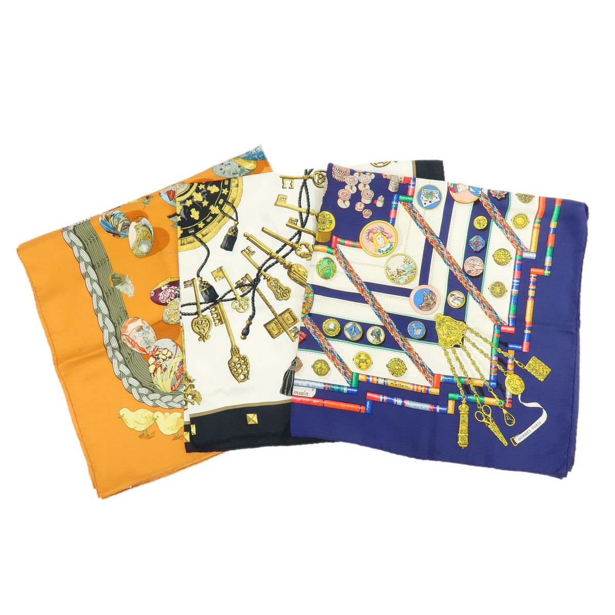 HERMES Carre Lot of 3 Silk 100% Scarf Orange Navy Black Gold