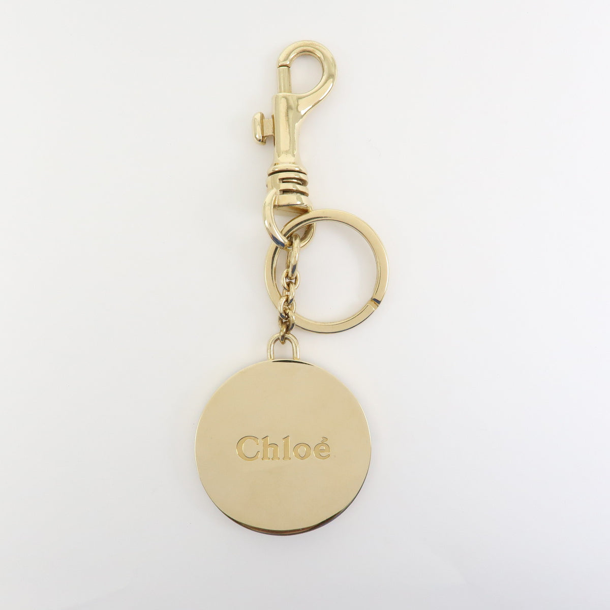 Chloe Logo Metal Leather Bag Charm Key Charm Key Chain Gold Beige