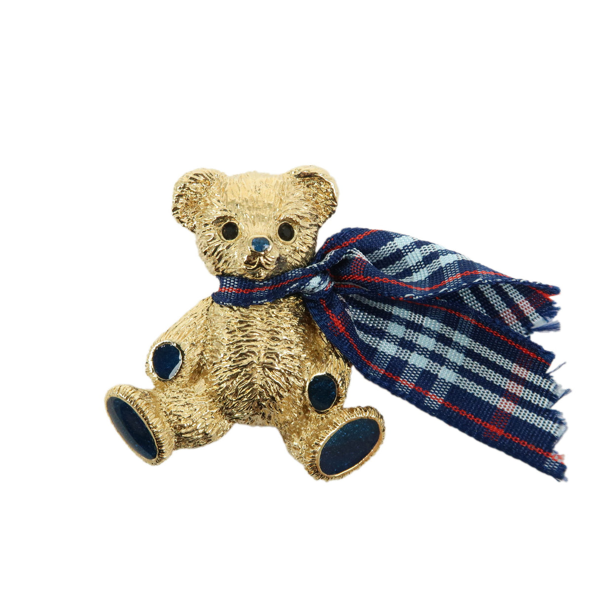 BURBERRY Teddy Bear With Plaid Ribbon Metal Pin Brooch Gold