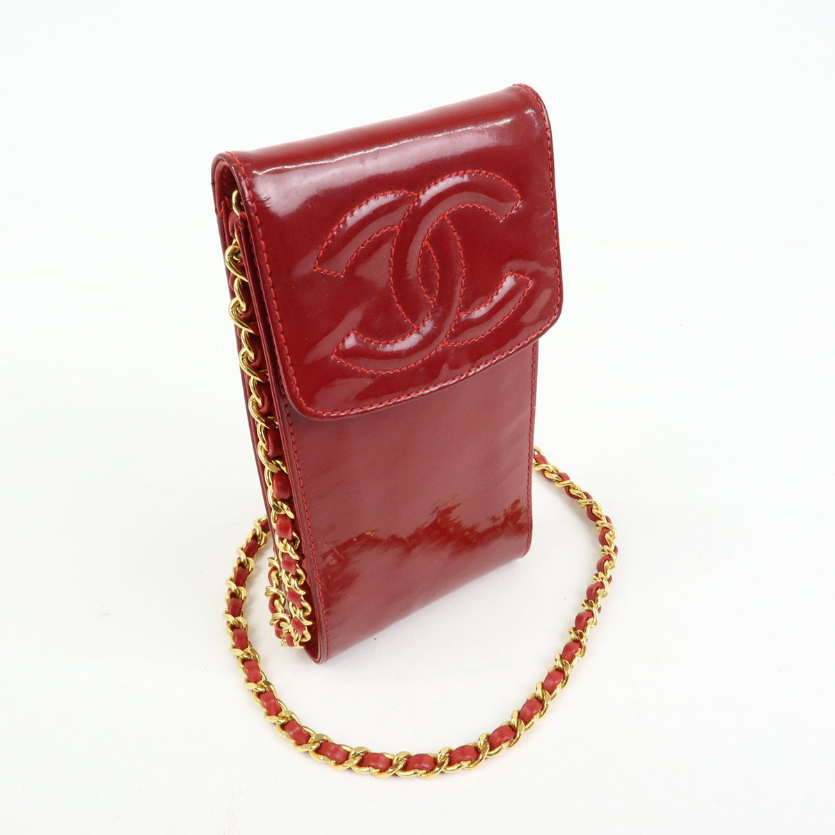 CHANEL COCO Mark Patent Leather Chain Shoulder Bag Phone Case Red Gold
