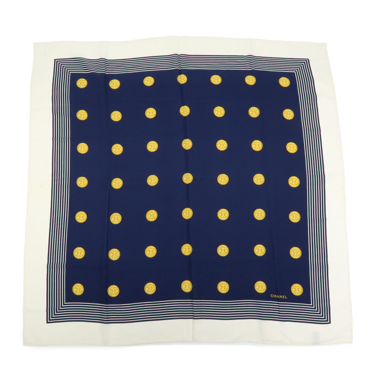 CHANEL COCO Mark Silk 100% Scarf Coin Strip Navy White Yellow