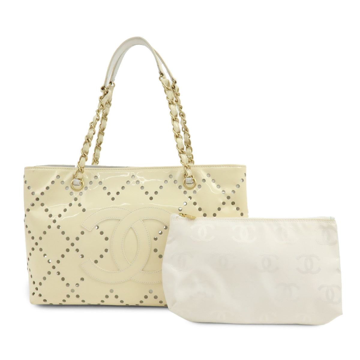 CHANEL COCO Mark Perforated Patent Leather Chain Shoulder Bag Ivory