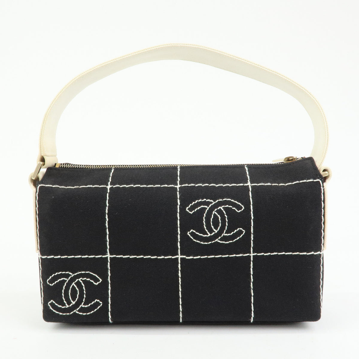 CHANEL Chocolate Bar COCO Mark Canvas Shoulder Bag Hand Bag Black White