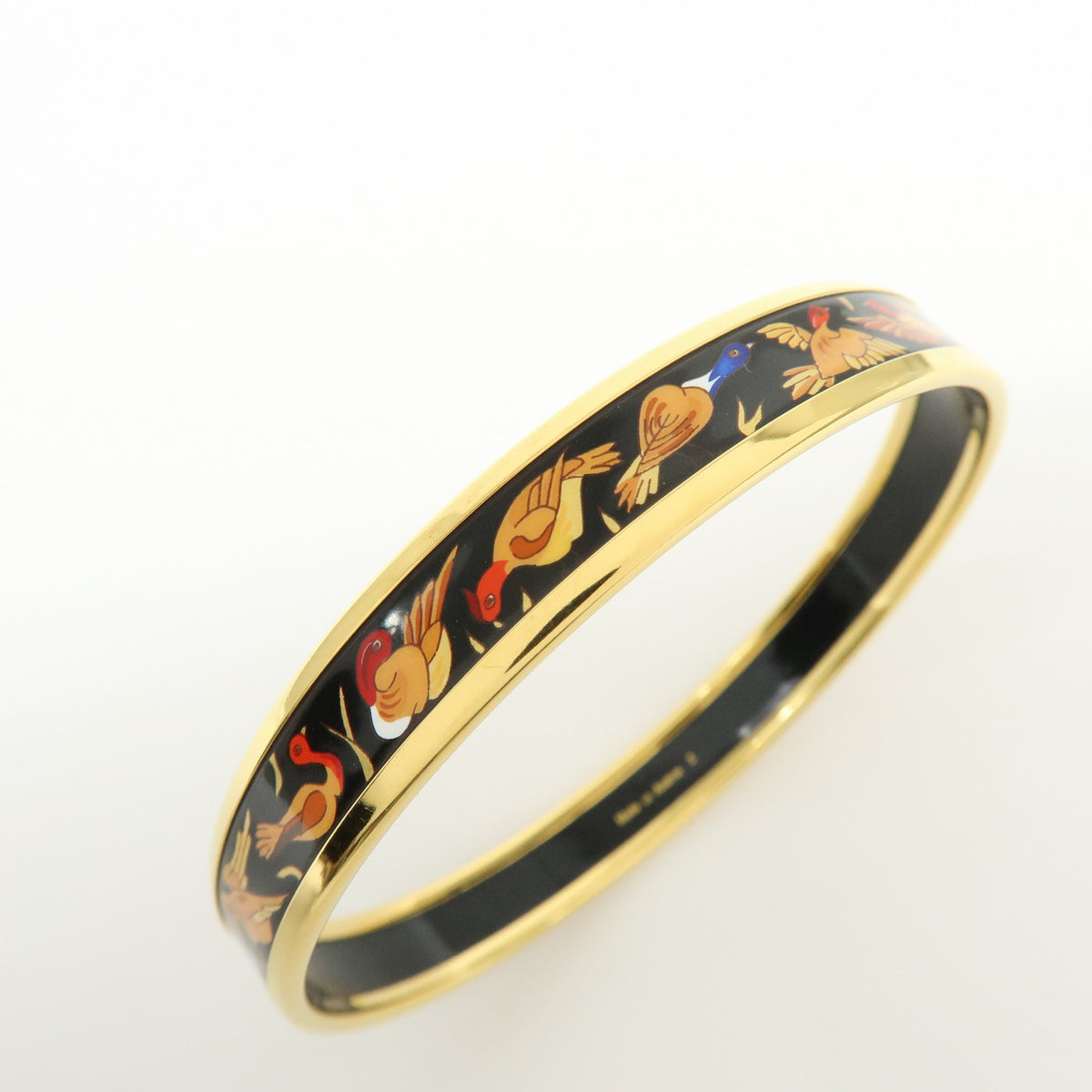 HERMES Email PM Metal Bracelet Bangle Birds Motif Black Gold