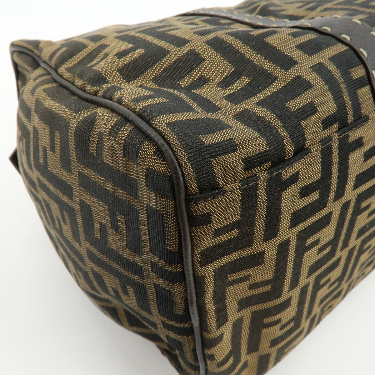 FENDI Zucca Selleria Jacquard Leather Shoulder Bag Boston Bag Brown