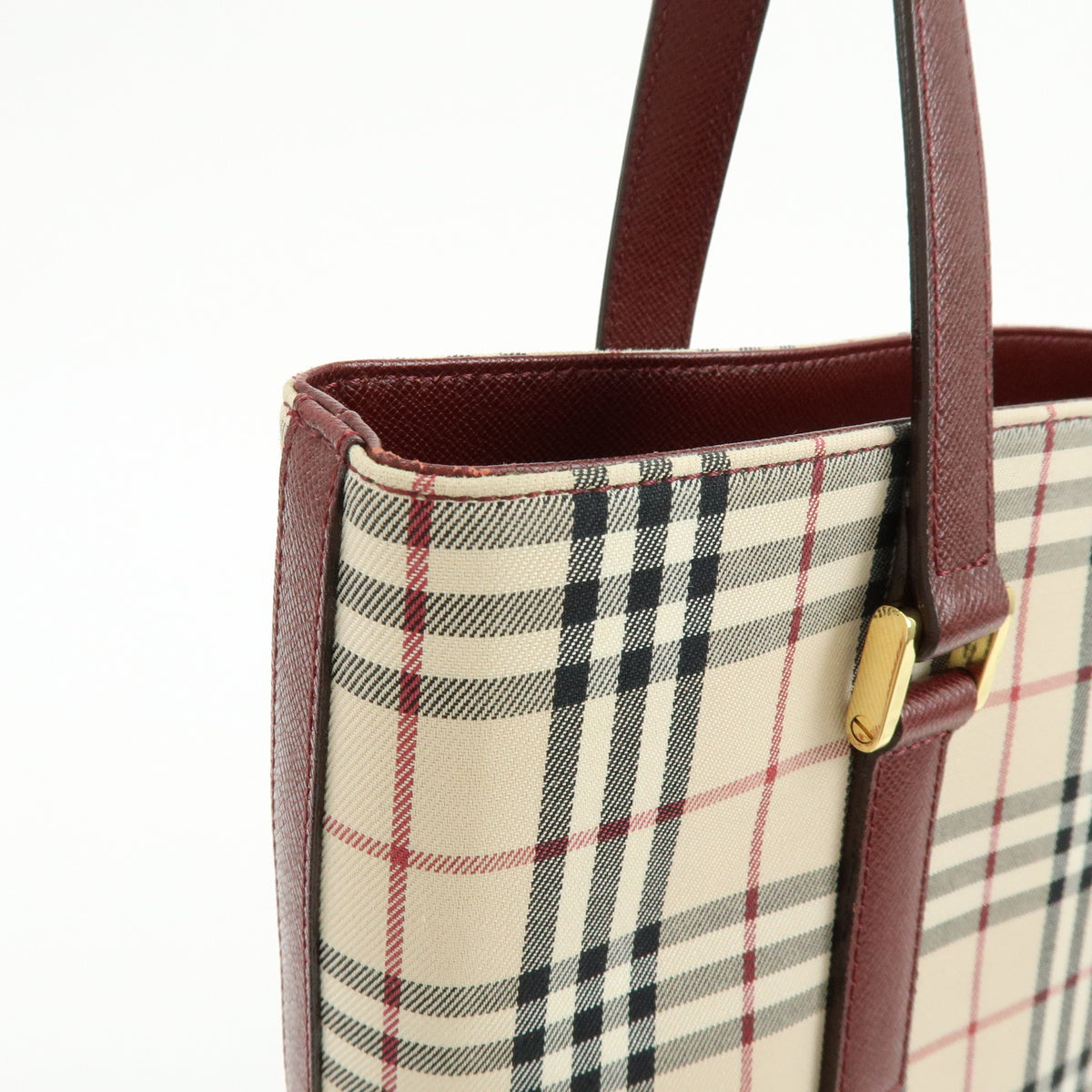 BURBERRY Nova Plaid Canvas Leather Tote Bag Shoulder Bag Beige Wine Red