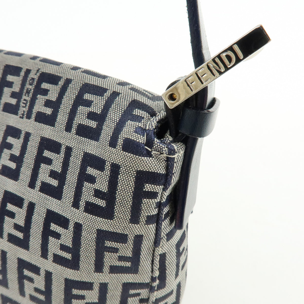 FENDI Mamma Baguette Zucchino Canvas Leather Shoulder Bag Navy 26424