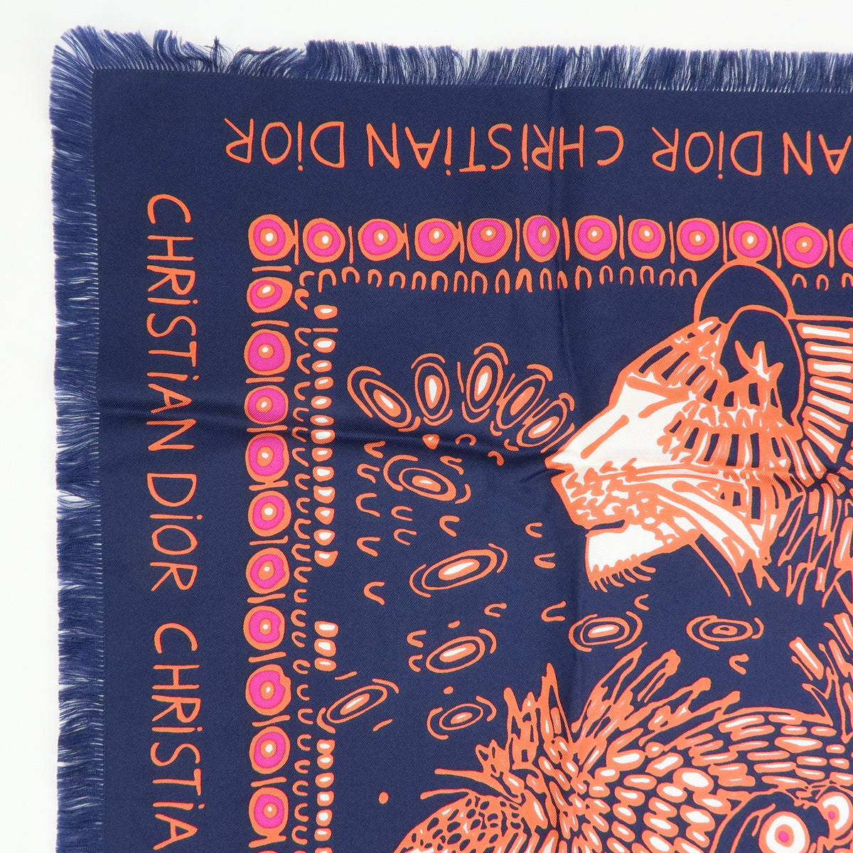 Christian Dior Silk 100% Lion Geometric pattern Scarf Navy