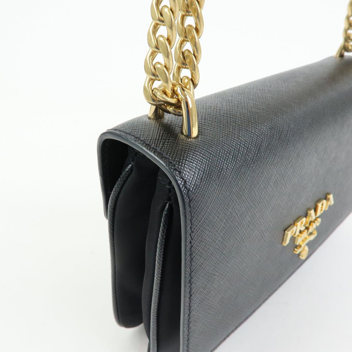 PRADA Logo Saffiano Nylon Leather Chain Shoulder Crossbody Bag Black