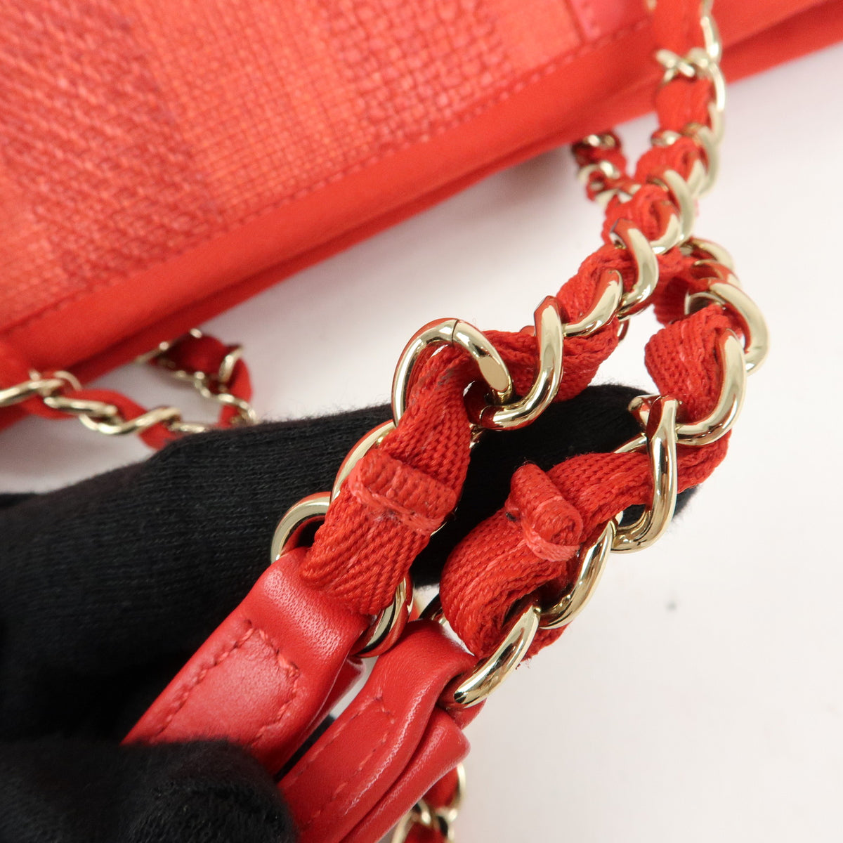 CHANEL Deauville MM Straw Canvas Leather Tote Shoulder Bag Red A67001