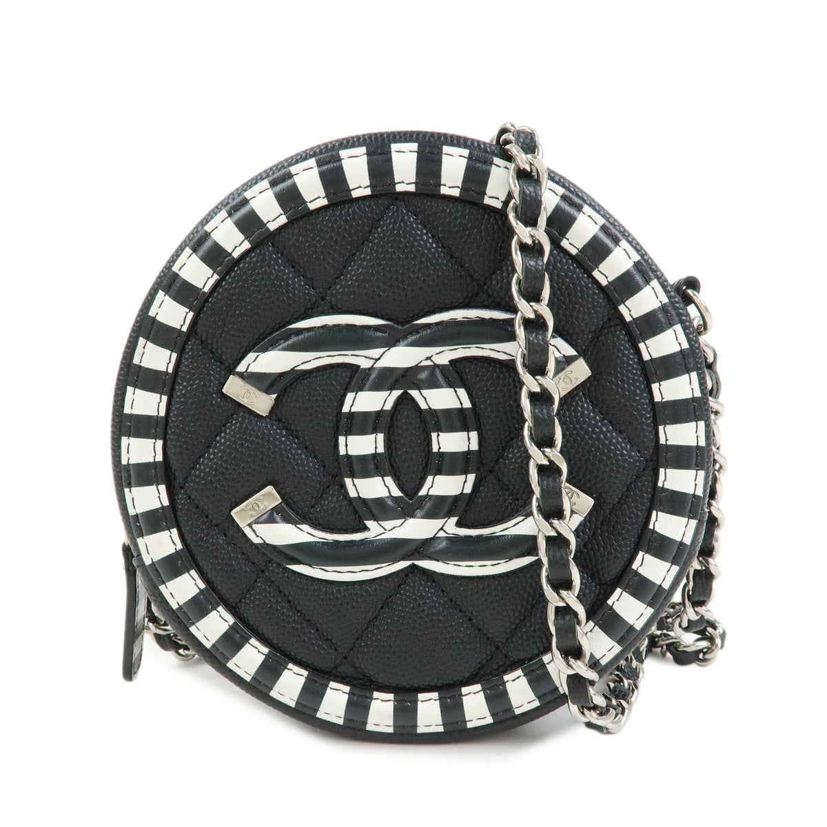 CHANEL CC Filigree Caviarskin Chain Leather Round Shoulder Bag AP0365