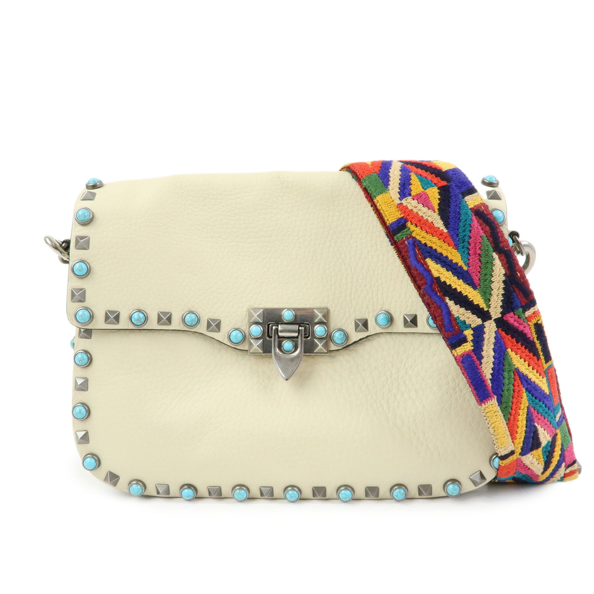 VALENTINO Rockstuds Rolling Guitar Strap Leather Shoulder Bag Ivory