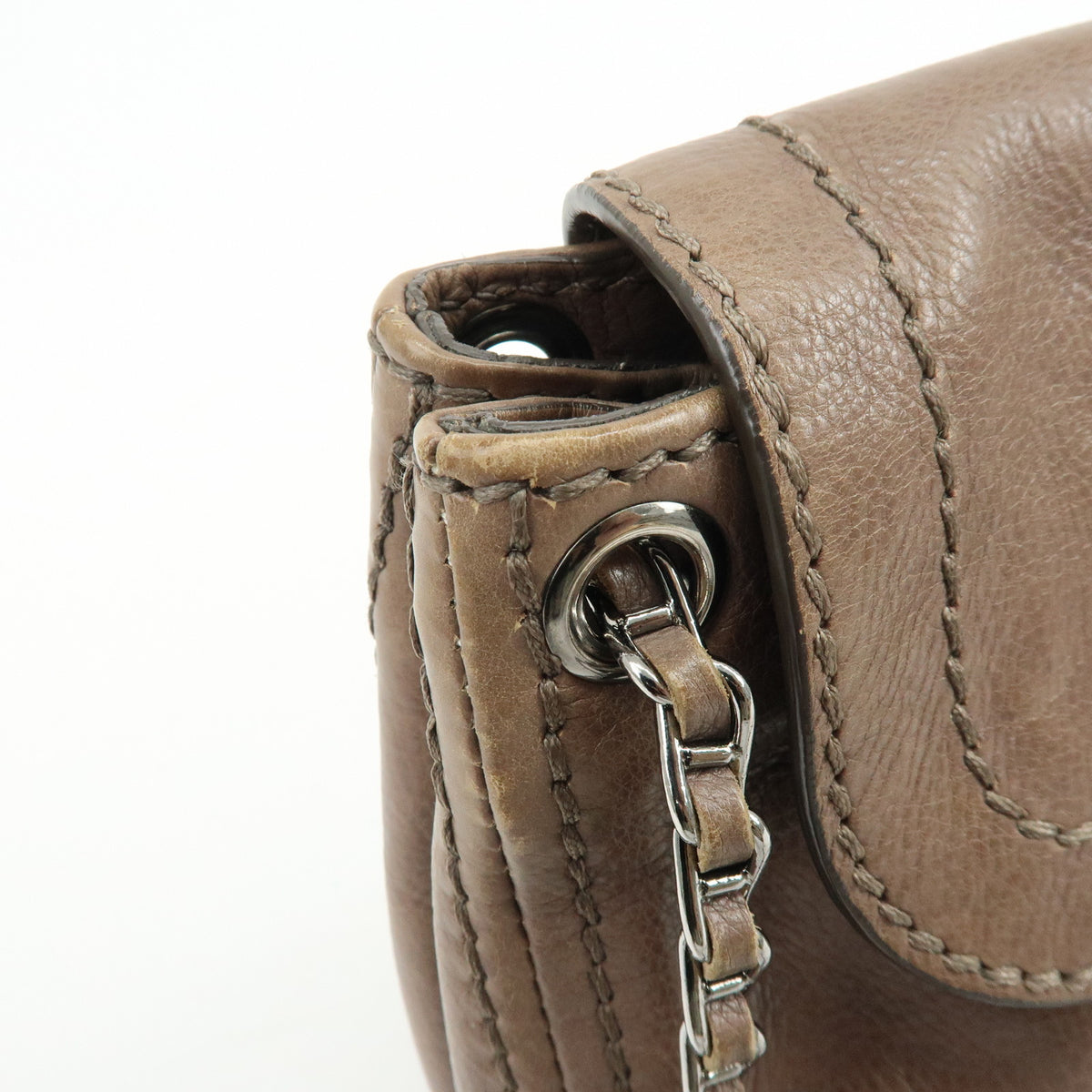 PRADA Logo Leather Flap Chain Shoulder Bag Hand Bag Greige B4659C
