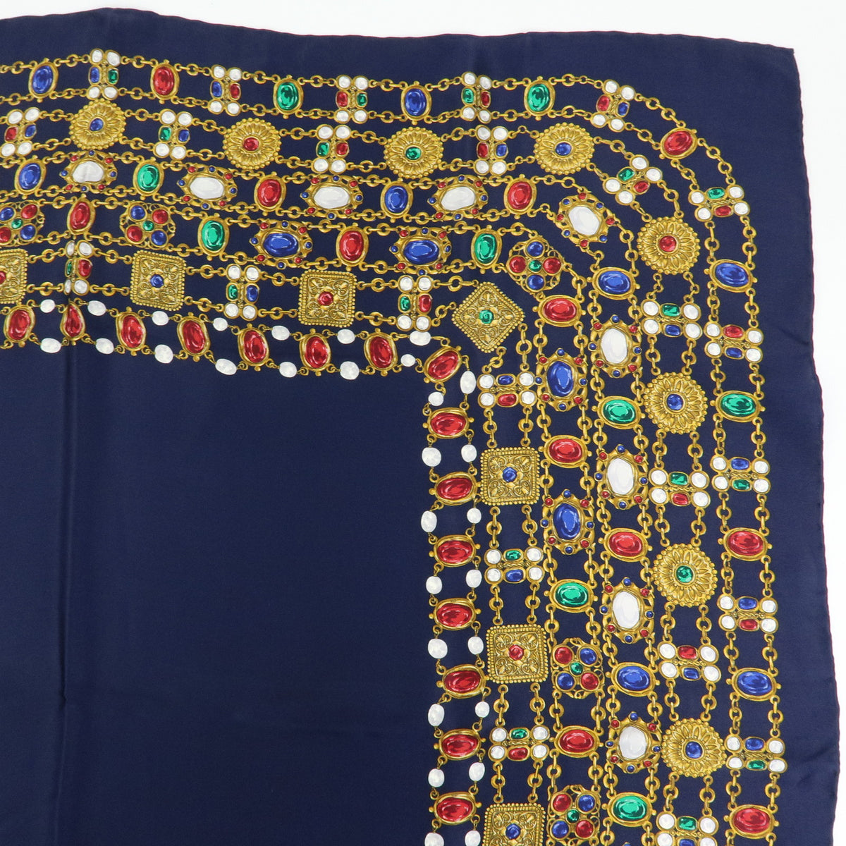 CHANEL Silk 100% Scarf Bijou Chain Print Navy Gold