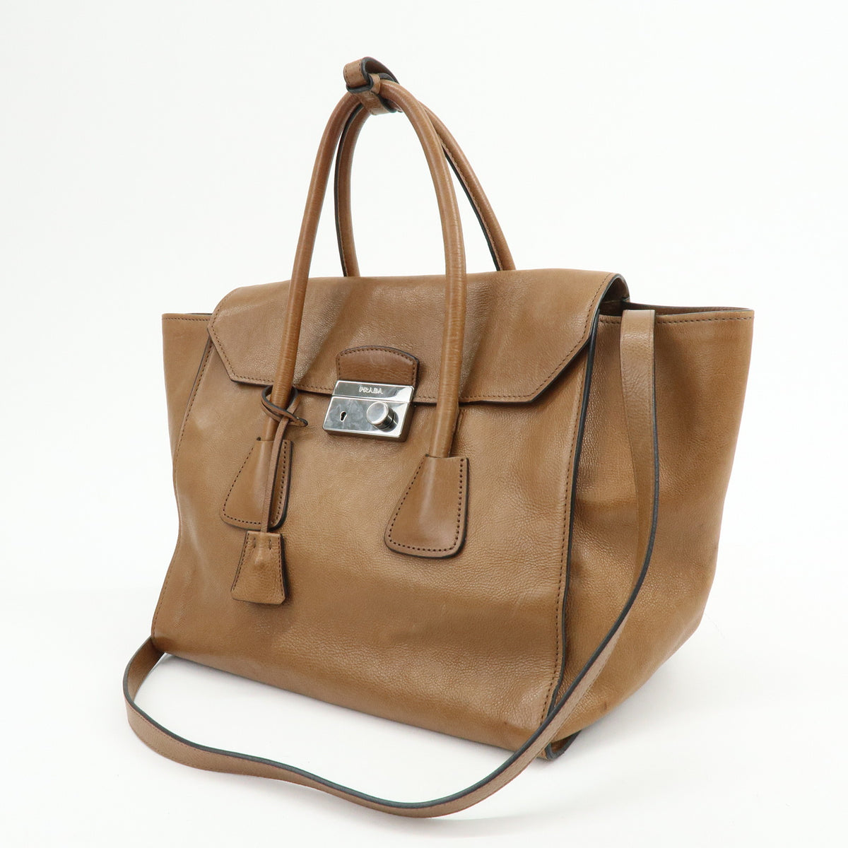 PRADA Triangle Logo Leather 2Way Bag Hand Bag Shoulder Bag Brown BN2661
