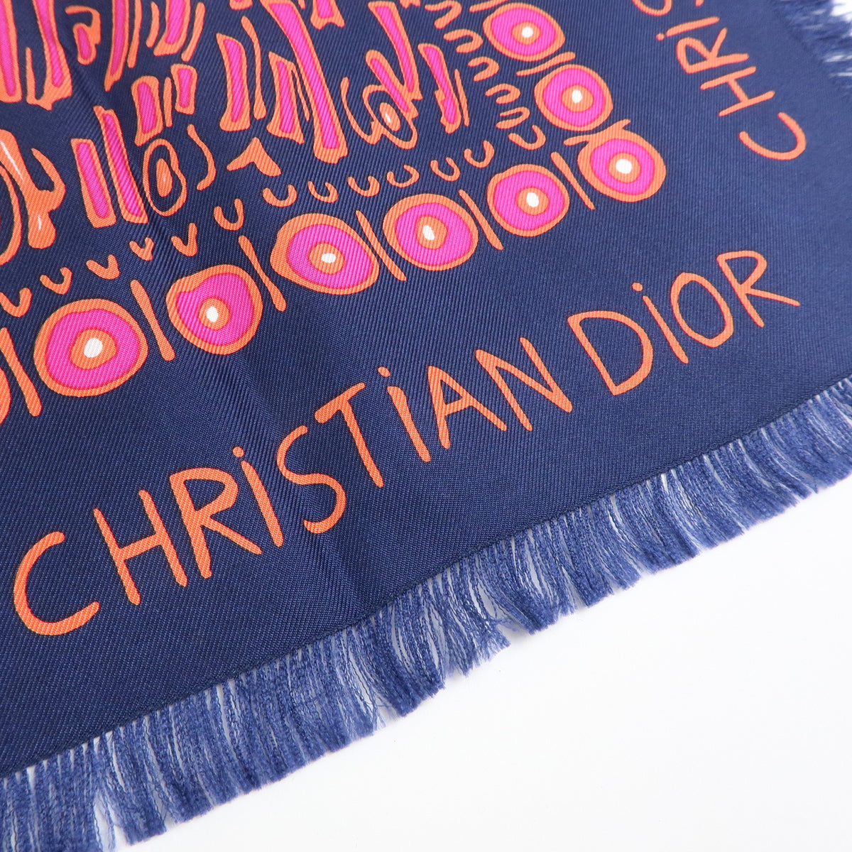 Christian Dior Silk 100% Lion Geometric pattern Scarf Navy