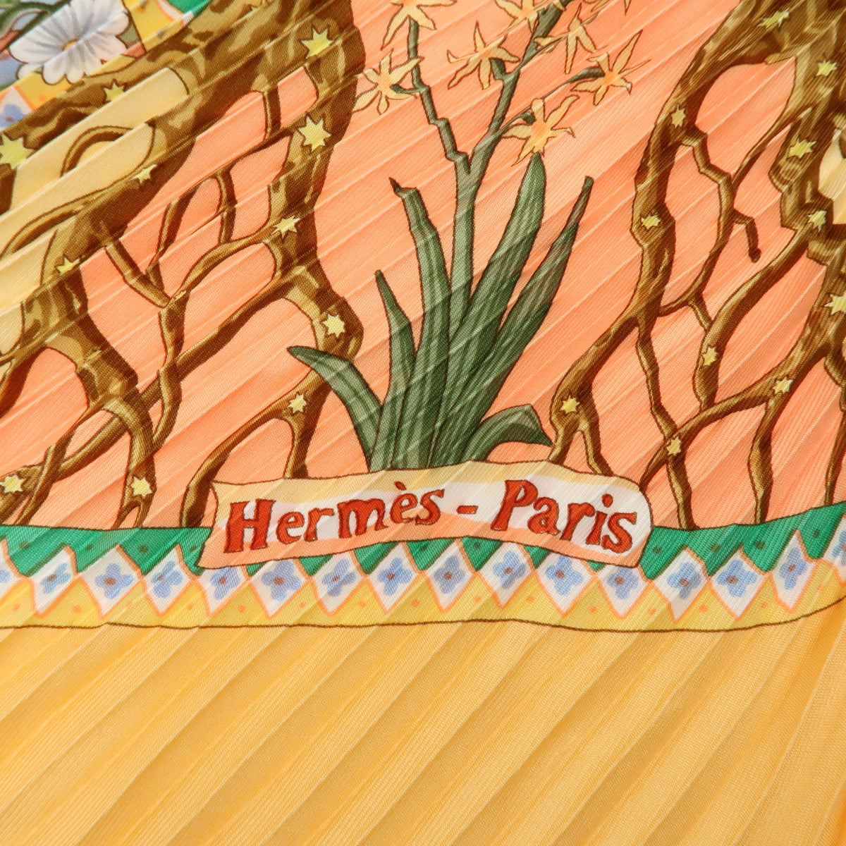 HERMES Pleated Carre Silk 100% Scarf AXIS MUNDI Orange