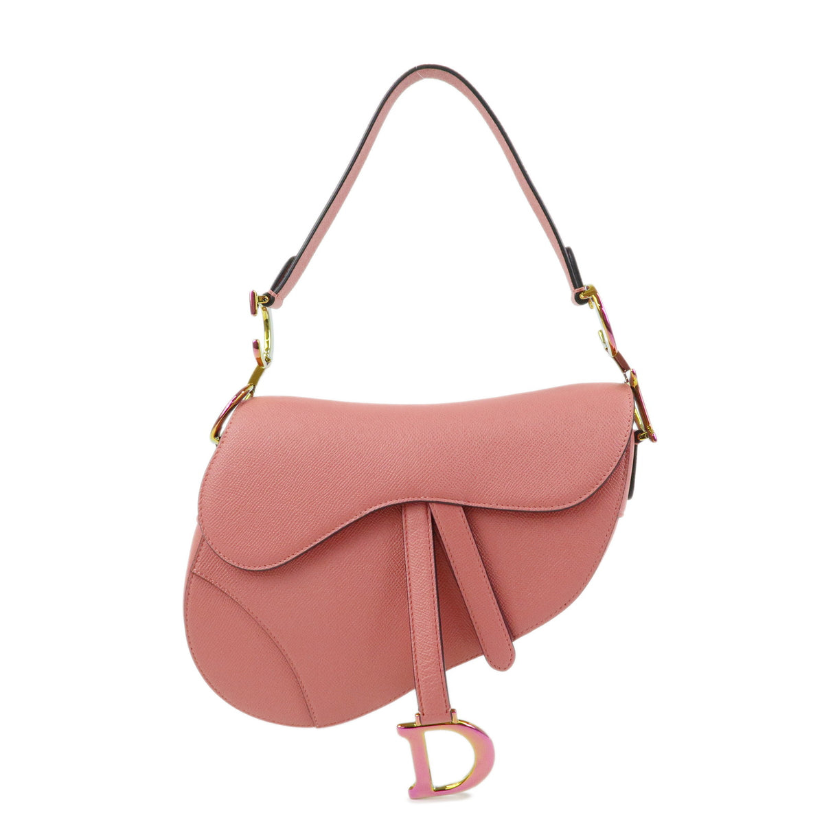 Christian Dior CD Logo Saddle Bag Leather Shoulder Bag Hand Bag Pink