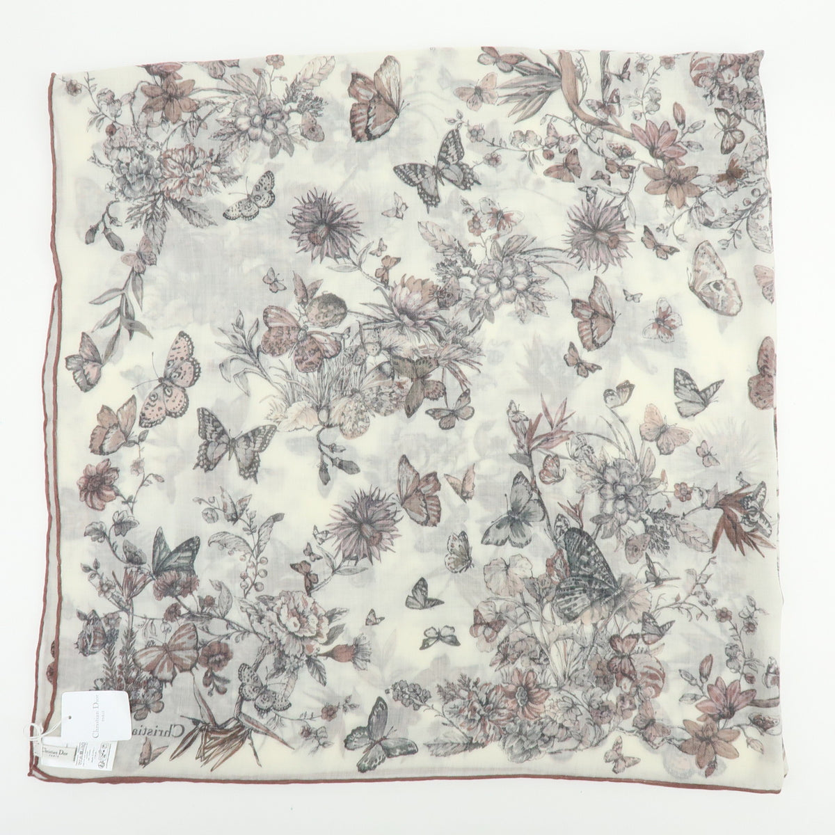 Christian Dior Cashmere 100% Scarf Butterfly Floral White Pink Black