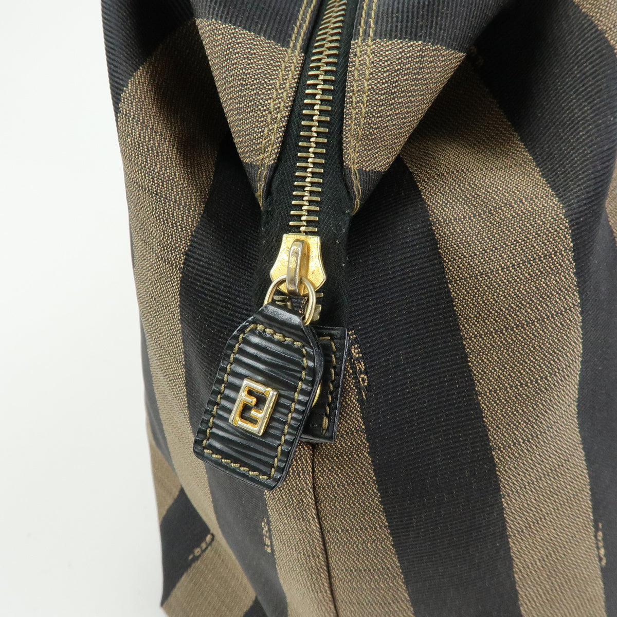 FENDI Pequin Jacquard Canvas Leather Tote Bag Brown Black 26323