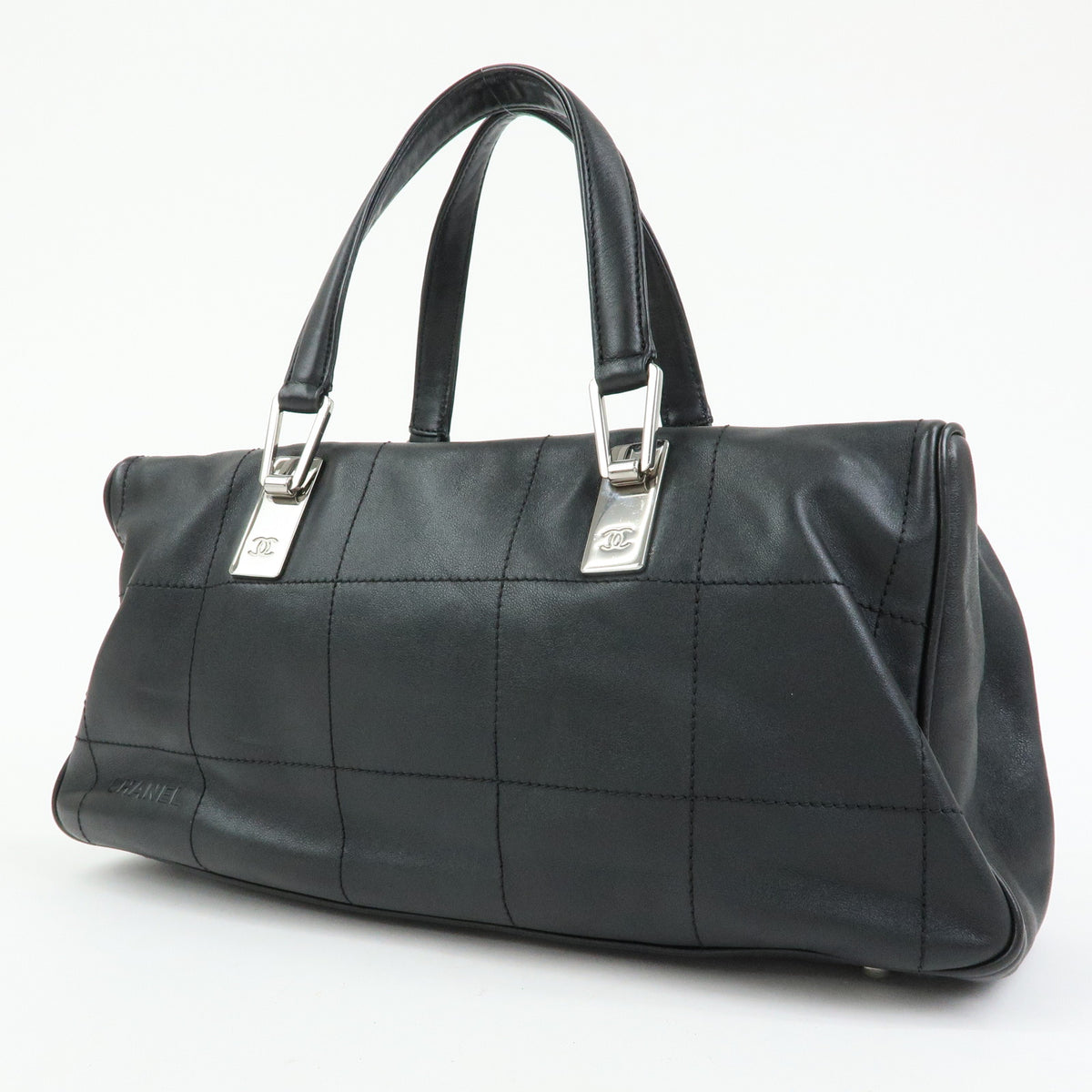CHANEL Chocolate Bar Lamb Skin Mini Boston Bag Hand Bag Black A19989