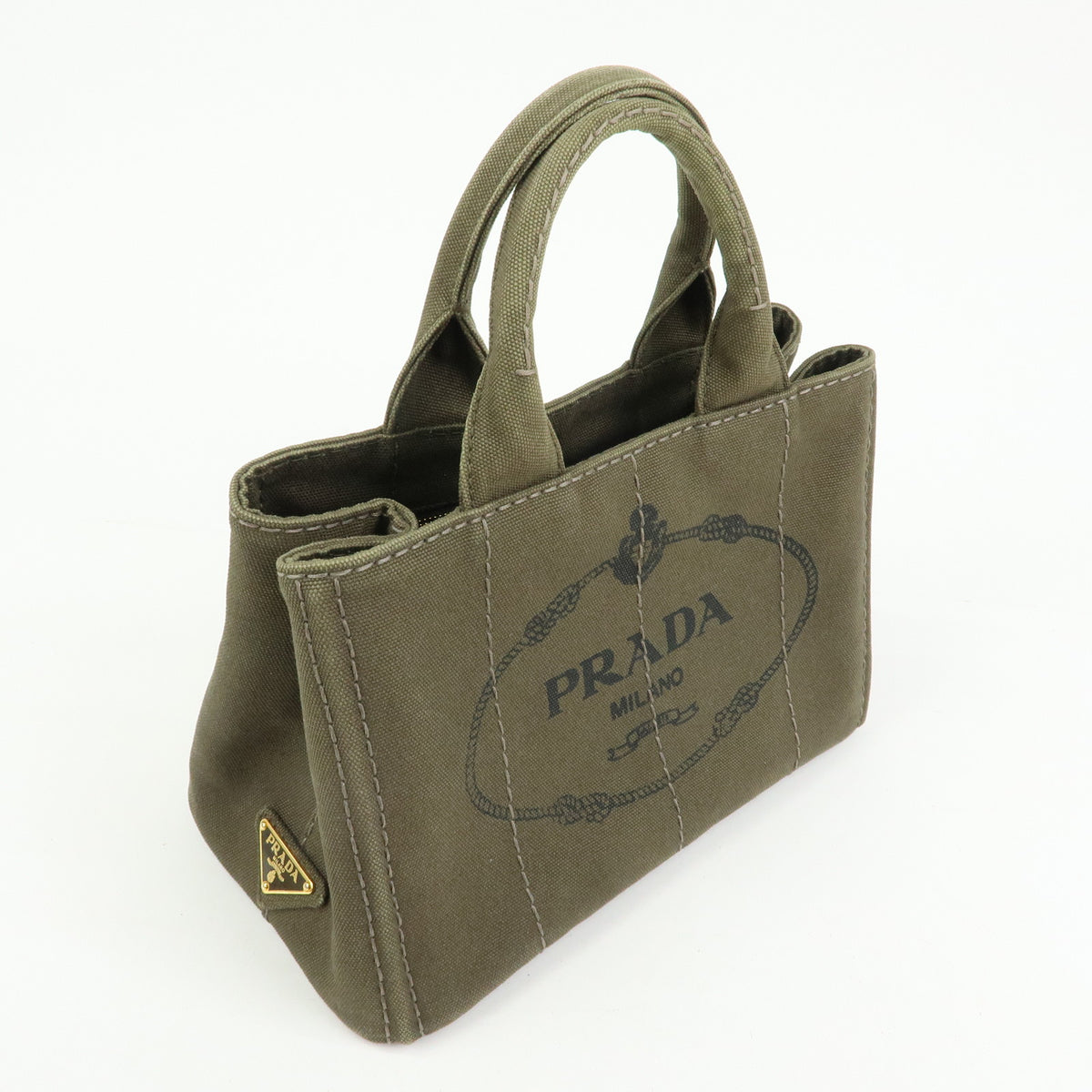 PRADA Triangle Logo Canapa Mini Canvas Tote Bag Hand Bag Khaki BN2439