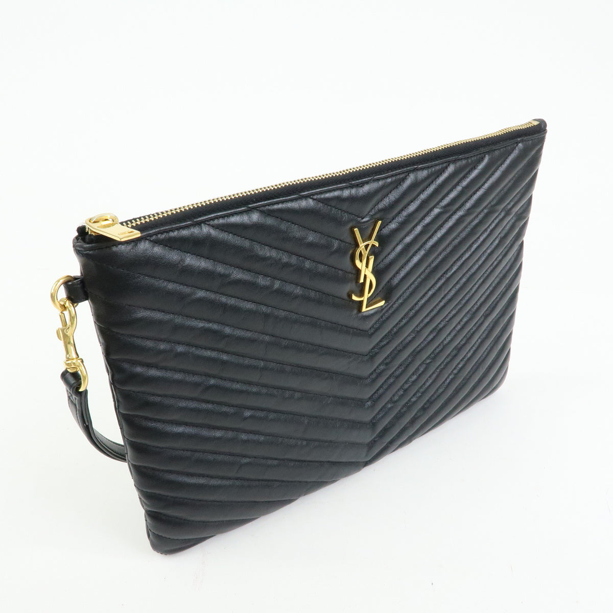 SAINT LAURENT PARIS V Stitch Leather Clutch Bag Flat Pouch Black