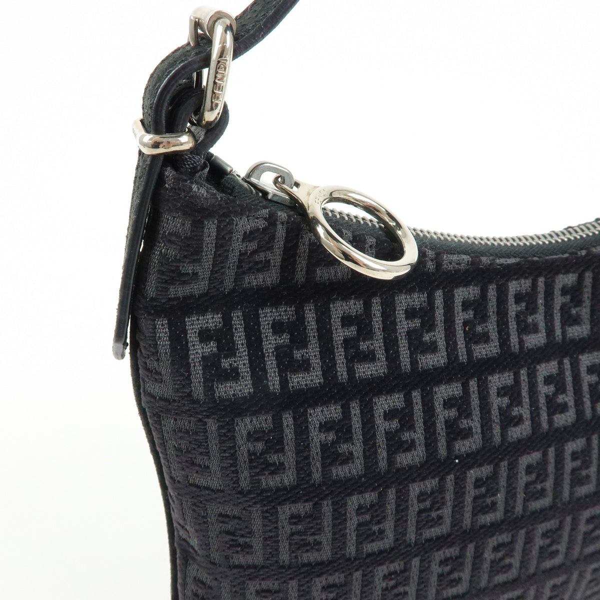 FENDI Zucchino Canvas Leather Shoulder Bag Hand Bag Black 8BR248